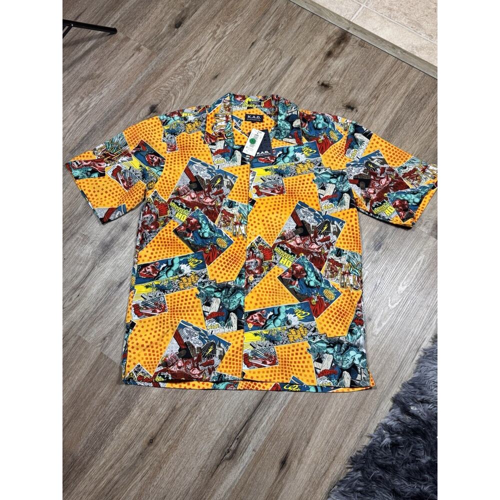Vtg KAD Comic Book All Over Print Button Up Shirt Marvel Style XL Thor Hulk Y2K